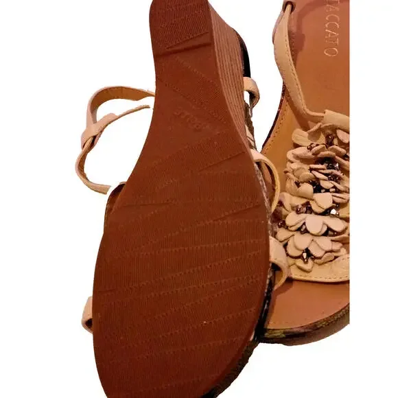 Staccato Wedges Cream Leather Buckle Open Toe Comfortable Belle 6 Floral Casual - Picture 2 of 9